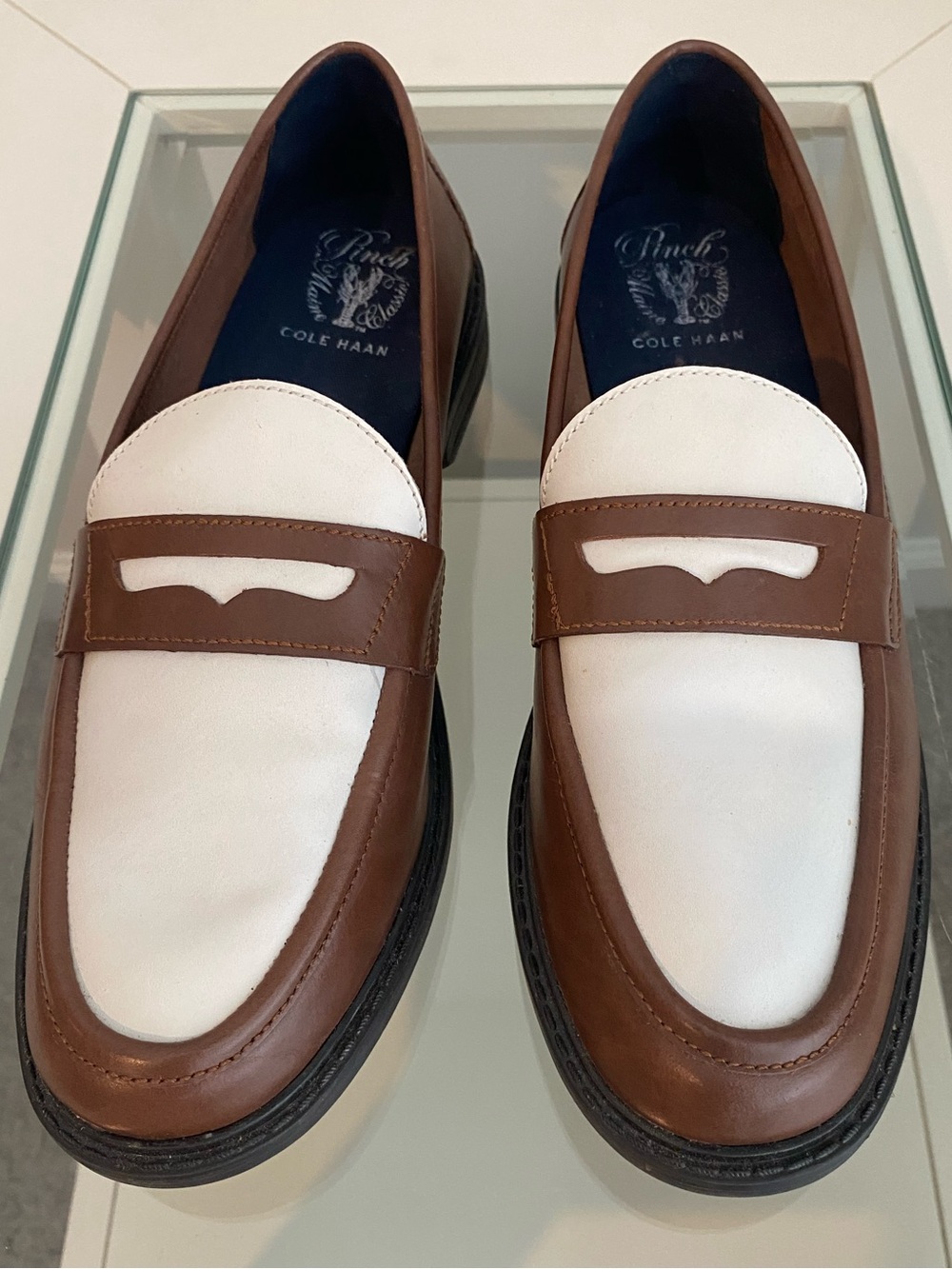 Cole Haan Men’s Brown and White Leather Penny Loafers